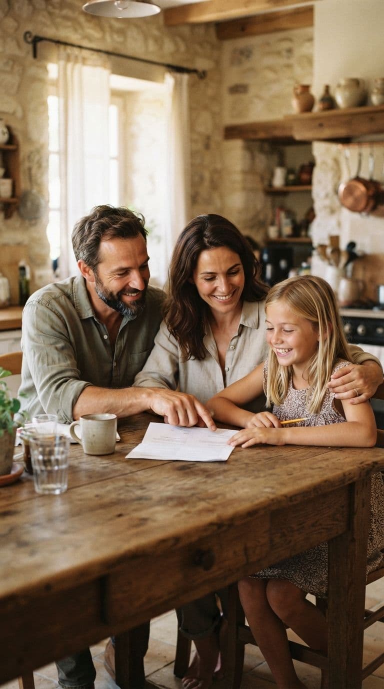 Famille réunie autour de la table de la cuisine
